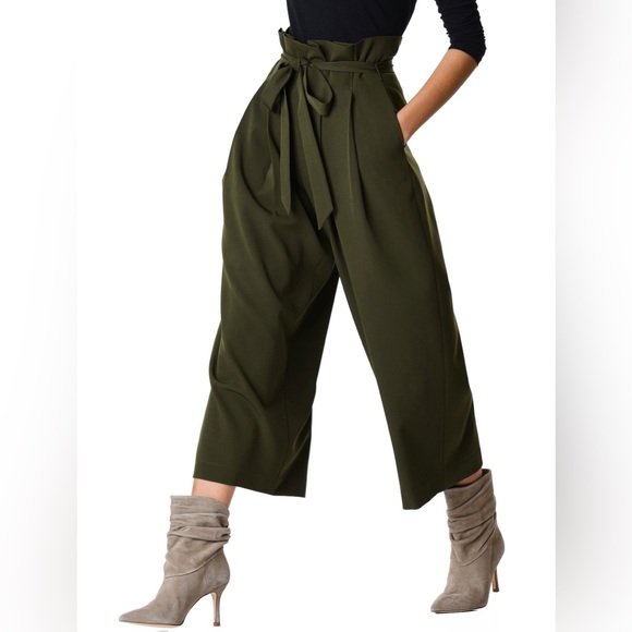 New Zapelle Paperbag waist woven twill palazzo pants Large/14 Loden Green - Picture 2 of 4
